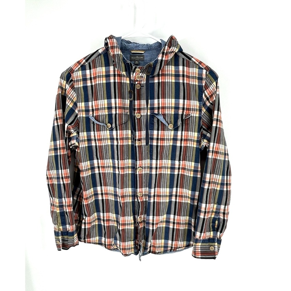 LL Bean Signature Men's XL Shacket Hooded Shirt Plaid Pockets Button Up Slim